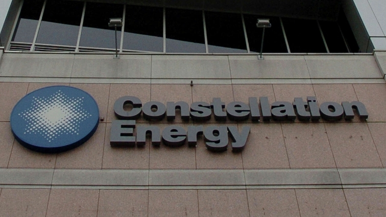 Constellation Energy logo on the exterior of a corporate office building